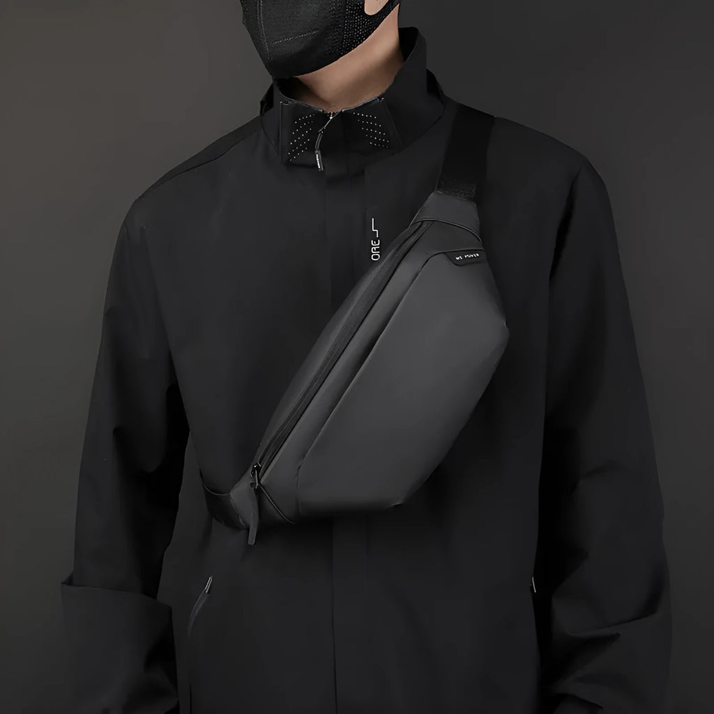 Men's outdoor casual sports crossbody shoulder bag in black nylon, waterproof, with sewing line detail