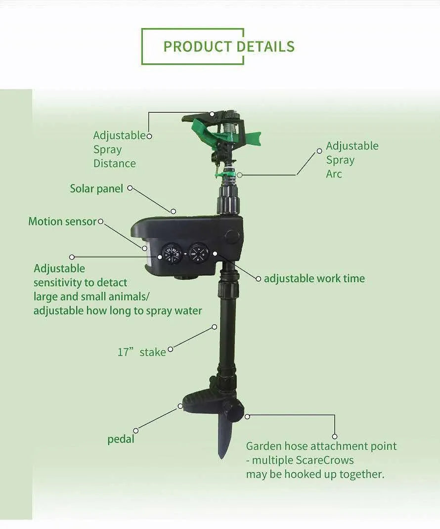 Black automatic PIR animal repellent garden sprinkler made of ABS plastic with rotating nozzle on grass