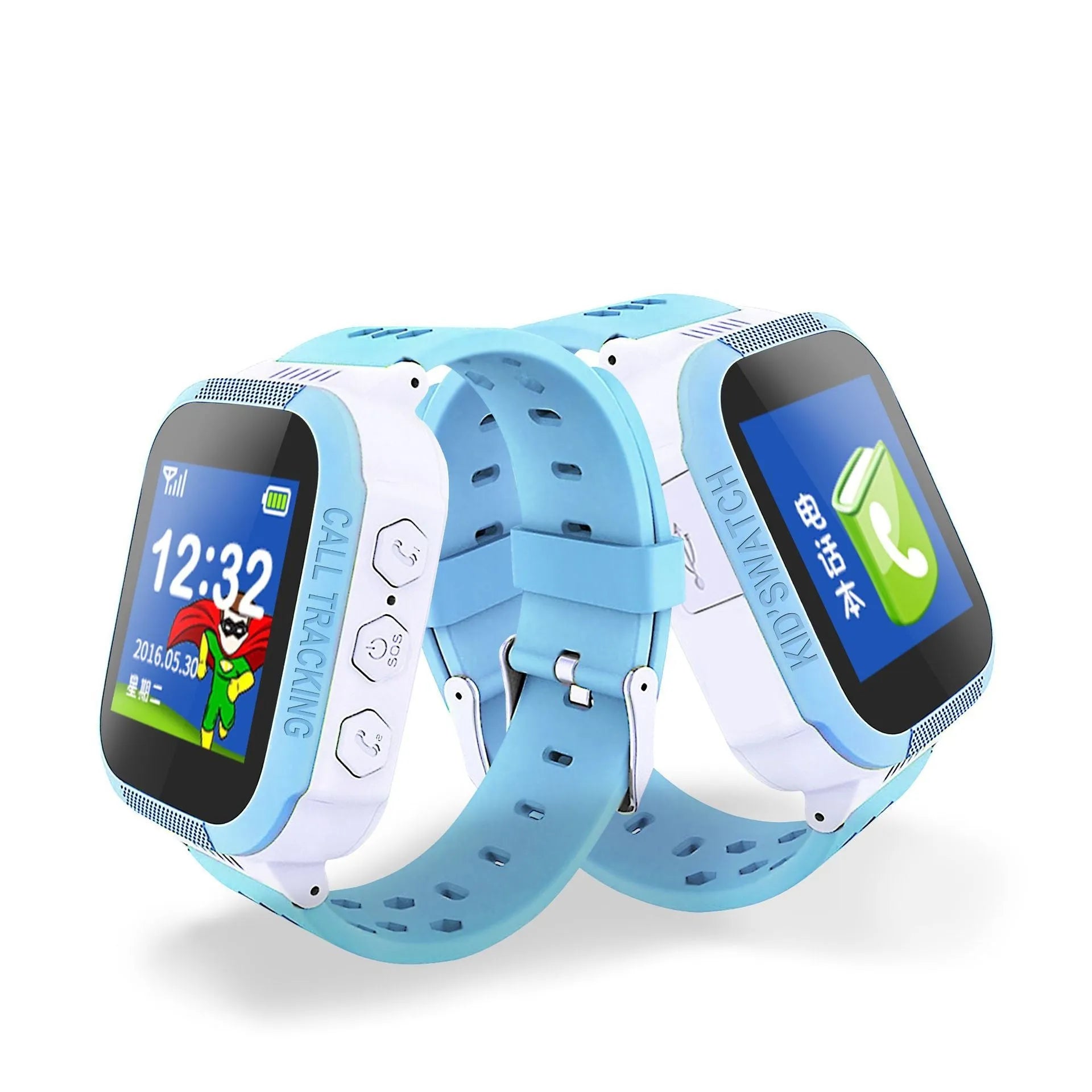 Blue children's phone watch with 1.44 inch IPS touchscreen display showing time interface