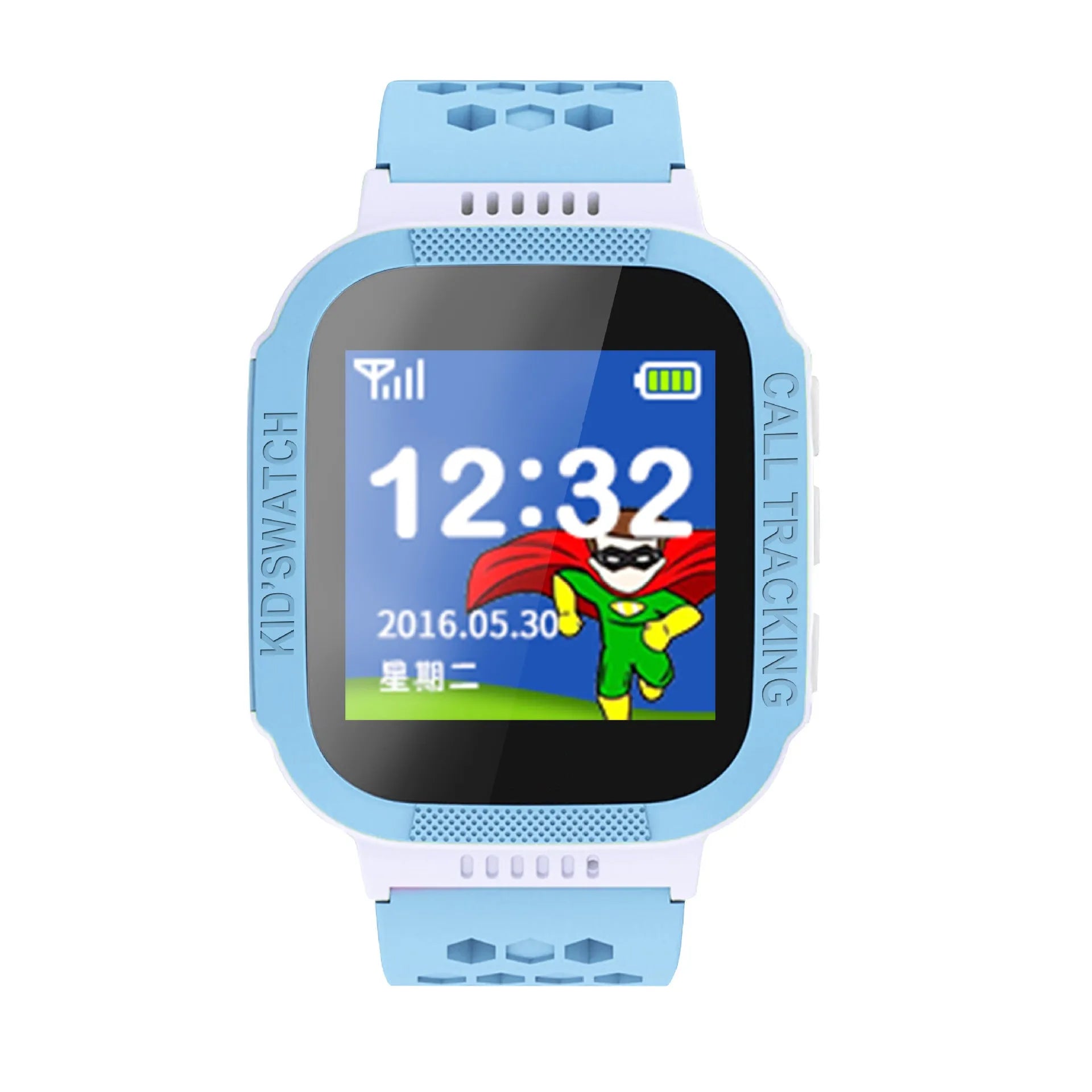 Blue children's phone watch with 1.44 inch IPS touchscreen display showing time interface