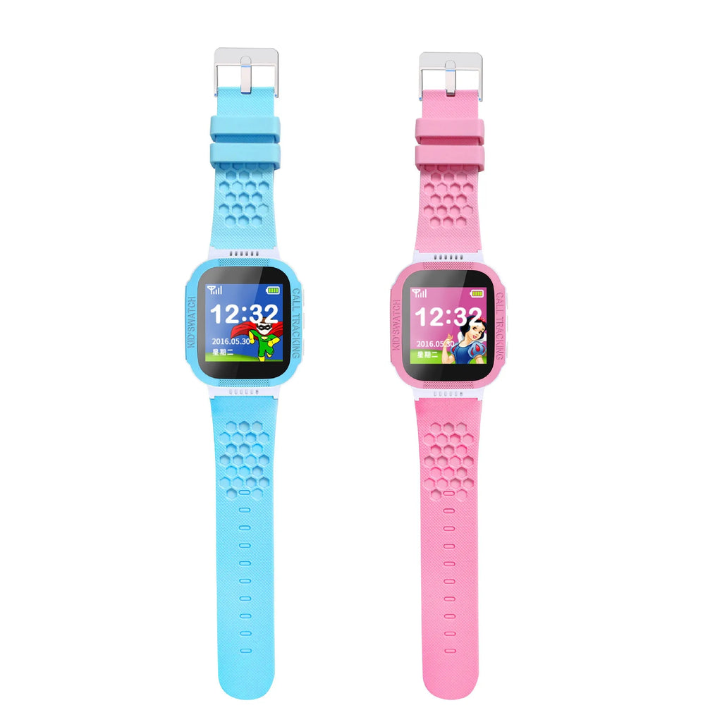 Blue children's phone watch with 1.44 inch IPS touchscreen display showing time interface