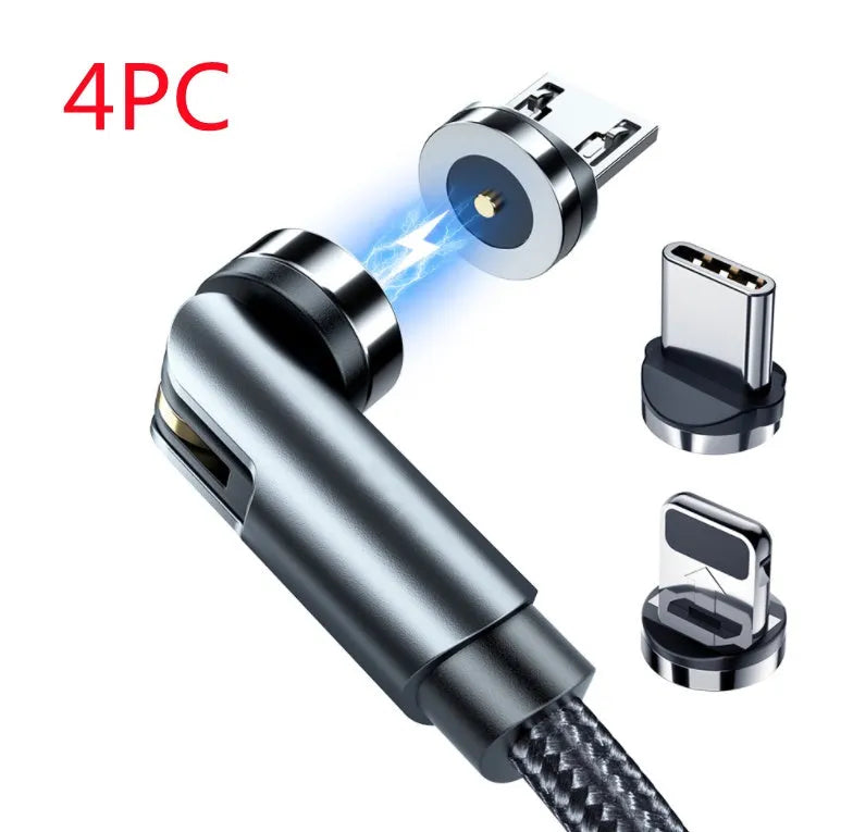Essager black magnetic charging cable with blue LED light, showing 360-degree rotating connector.