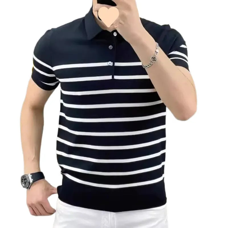 Black and white striped knitted pullover t-shirt with a lapel collar, laid flat.