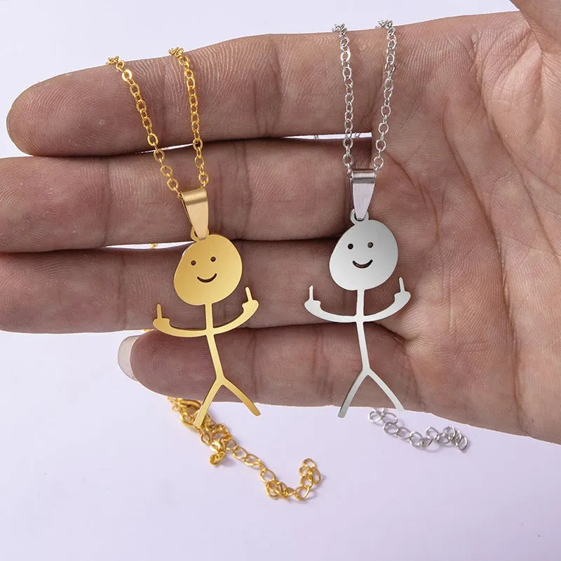 Stainless steel funny doodle smiley stick figure middle finger pendant necklace on link chain