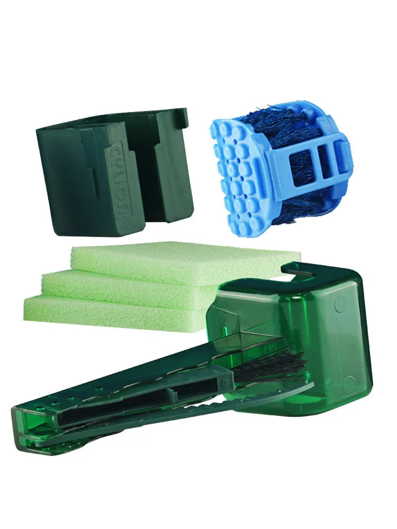 Bicycle chain cleaner scrubber brush set with PC plastic housing, soft brush, and wear-resistant sponges for mountain bike cleaning