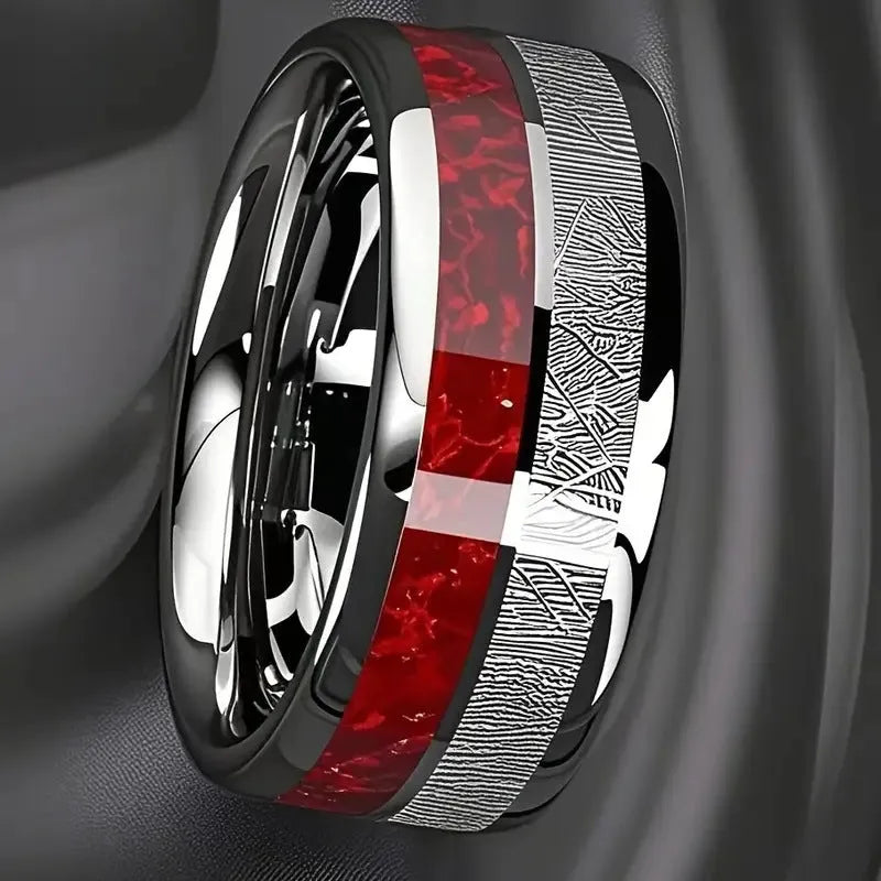 Two-tone silver red stainless steel ring with textured surface on white background