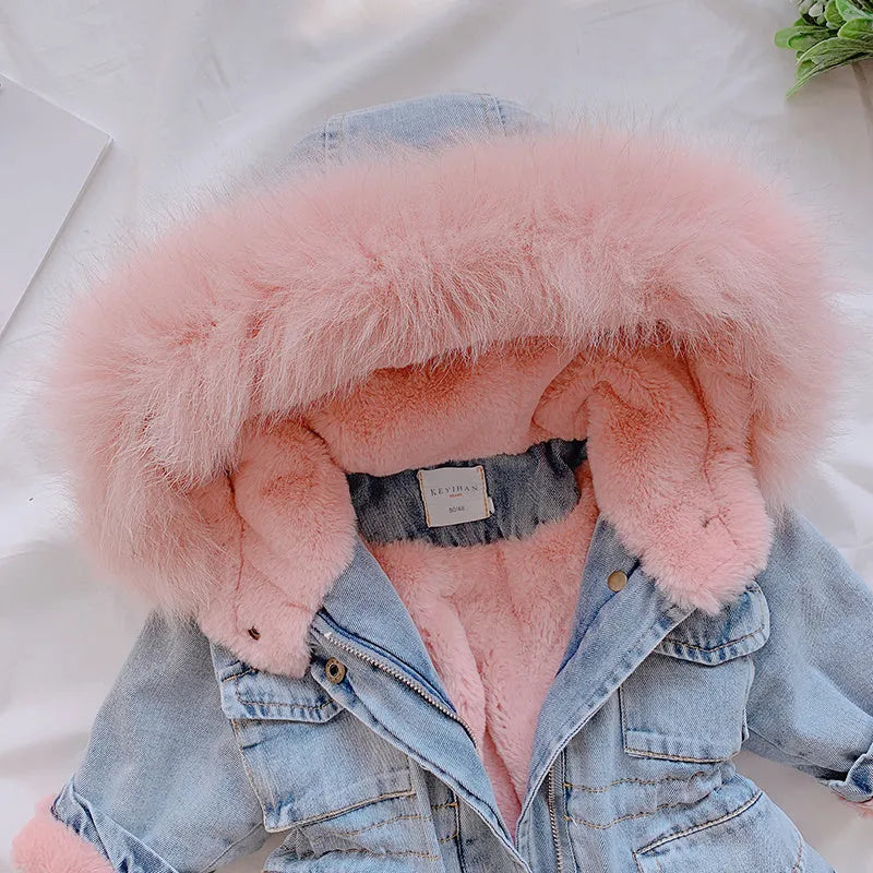 Girl's blue denim coat with hood and plus velvet thickness for Asian sizing