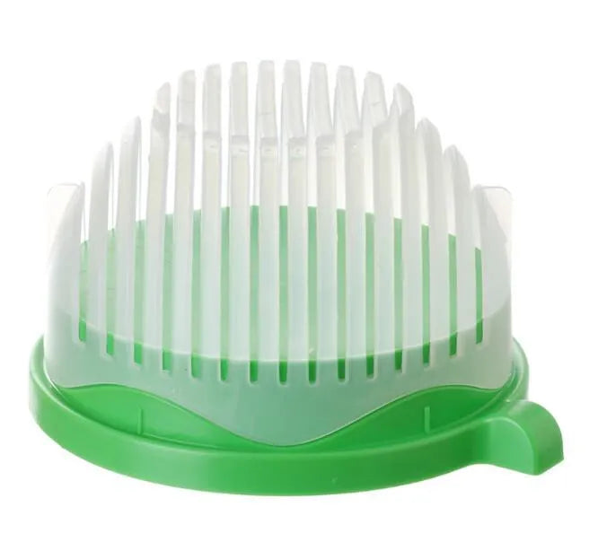 Blue salad cutter bowl with chopper lid and serving plate base for vegetable preparation