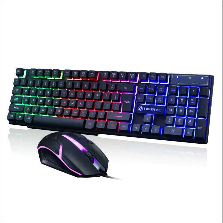 Limei Gtx300 white and black wired mechanical gaming keyboard and mouse set on a desktop.