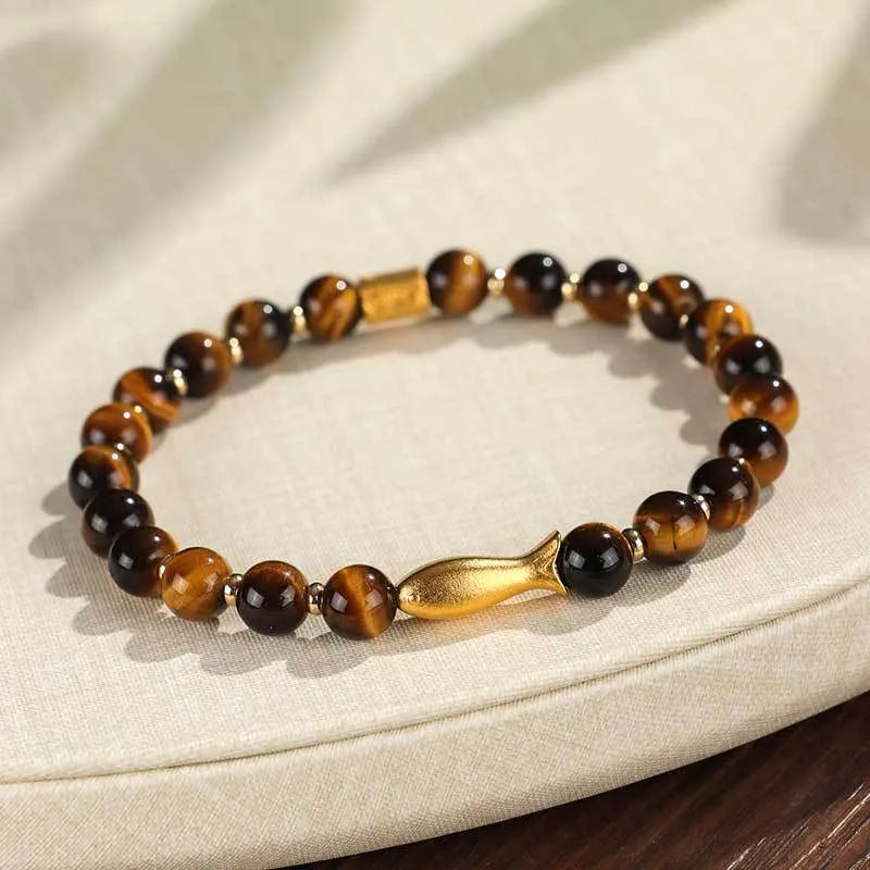 Handmade small fish beaded bracelet in natural tiger eye gemstones for women