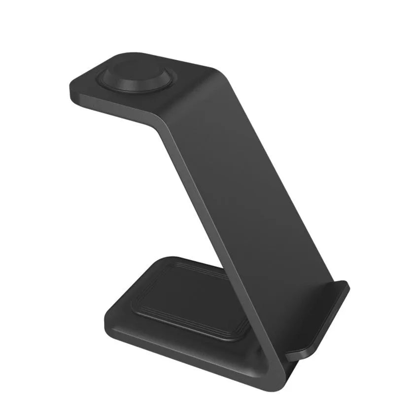 White upright wireless charging stand holding a mobile phone, with a smartwatch and earbuds case charging on its base.