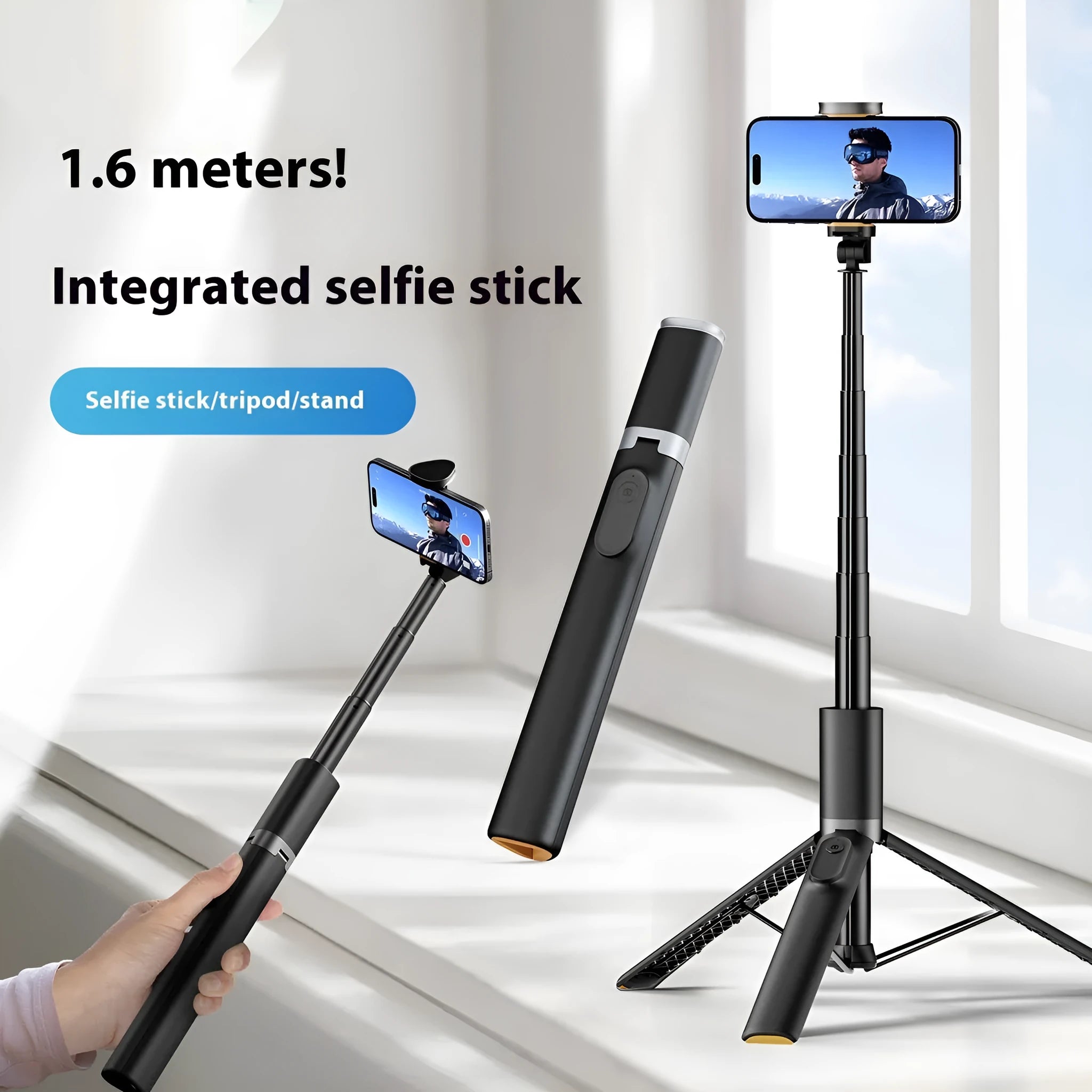Mobile Bluetooth live streaming integrated stand selfie stick in black alloy on a tabletop with smartphone attached for hands-free recording.