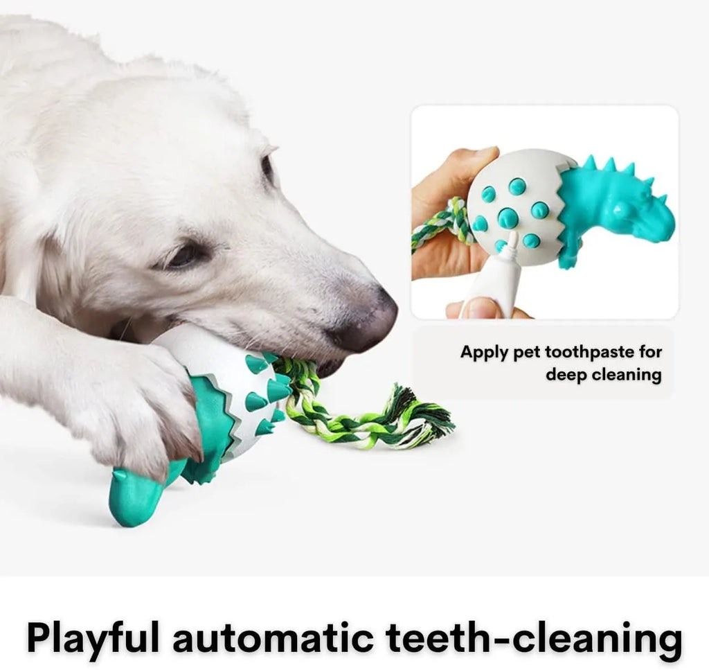 Blue durable rubber dinosaur dog chew toy with rope for aggressive chewers.