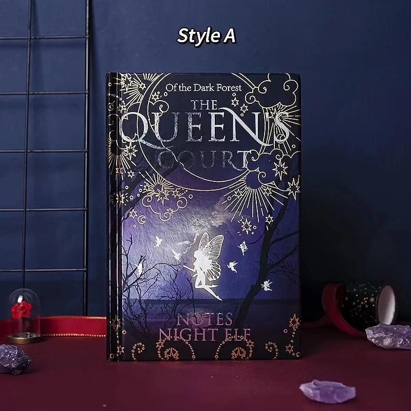 Blue and purple luminous hardcover A5 notebooks open to show full-colour illustrated pages