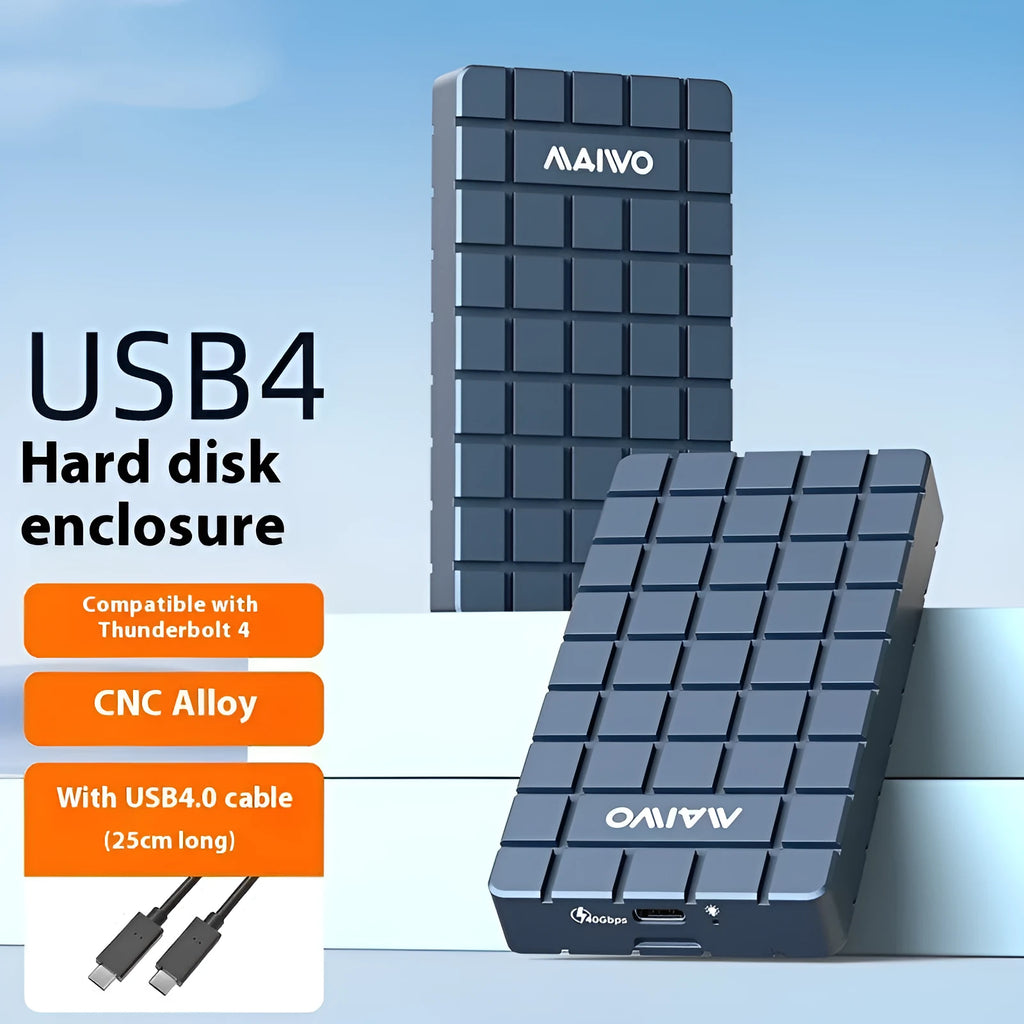 USB4 hard disk enclosure with aluminium alloy housing showing 40Gbps transfer speed and compact 50x118x13mm dimensions