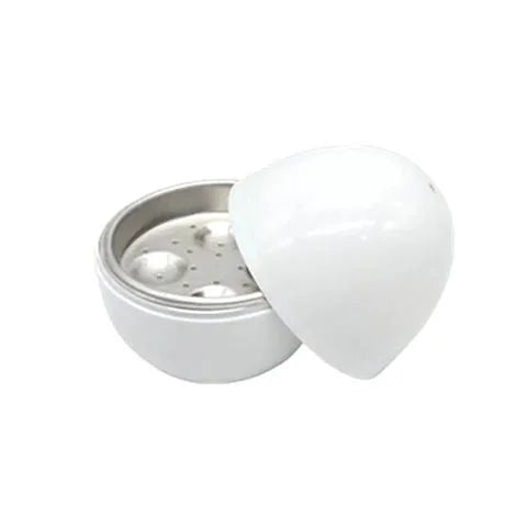 White plastic microwave egg cooker with aluminium inner layer for 1-4 eggs.