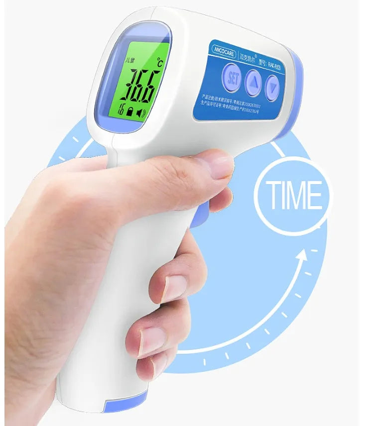 White non-contact infrared forehead thermometer RAK-FI03 on a plain background showing the sensor and display