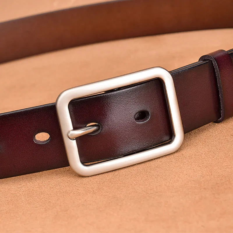 Genuine leather belt with rectangle alloy pin buckle, shown in red, black, brown and camel
