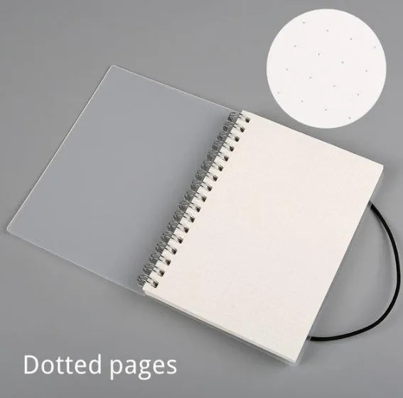 Plastic cover bound spiral coil notebook with transparent PVC cover, elastic rope, and 80 sheets of cream paper in A5 size