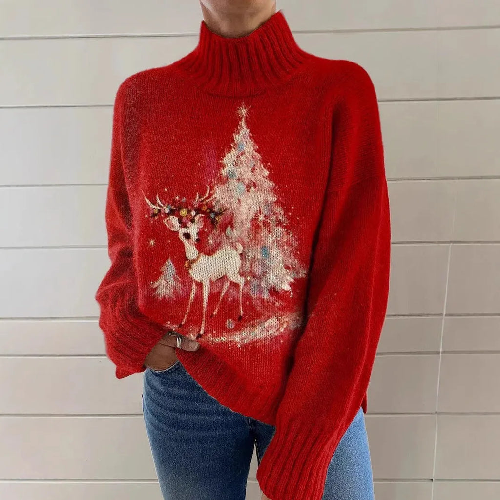 Women's loose-fit Christmas printed turtleneck sweater in macaron colours