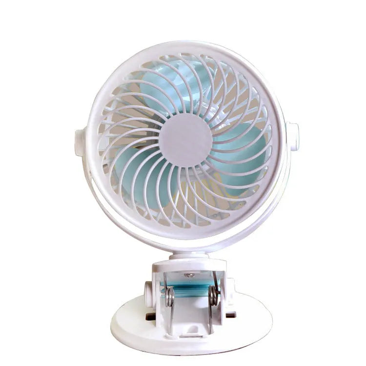 Small white USB desk fan shown in clip-on and floor-standing styles on a wooden desk