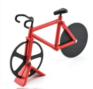 Bicycle shaped pizza cutter with stainless steel blade and ABS handle on white background