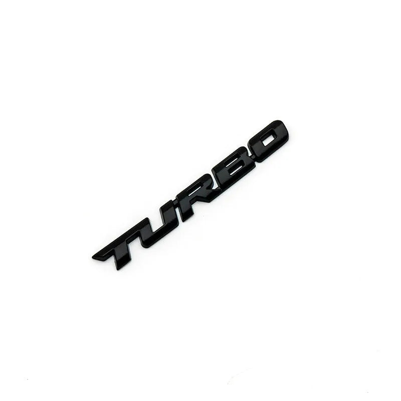 3D TURBO stereo car sticker in zinc alloy with raised letter design, available in black, red, and silver colours