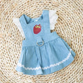 Strawberry traction print denim skirt dog clothes in Bondi Blue colour on small dog model