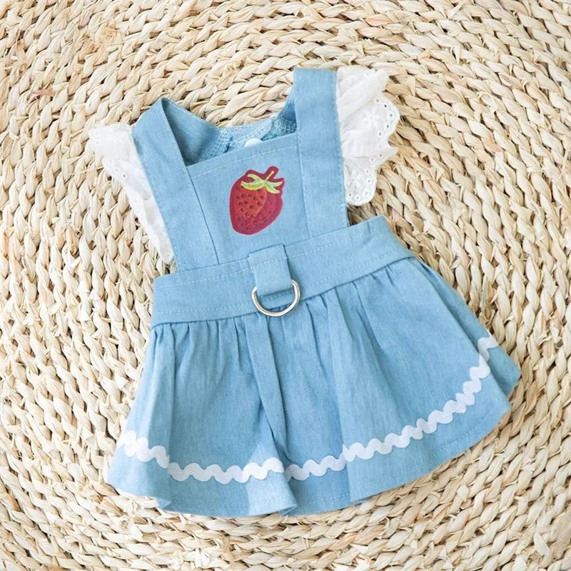 Strawberry traction print denim skirt dog clothes in Bondi Blue colour on small dog model