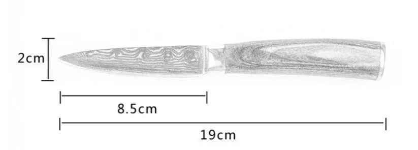 Stainless steel kitchen knife with coloured wood handle and laser Damascus pattern on the blade