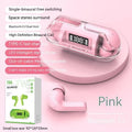 Wireless Bluetooth earbuds in a transparent charging case with digital display, shown in pink colour.