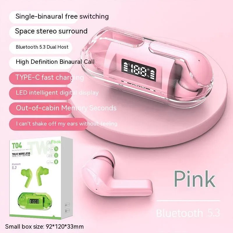 Wireless Bluetooth earbuds in a transparent charging case with digital display, shown in pink colour.