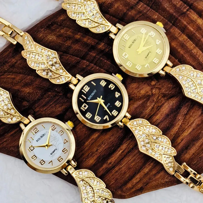 Stainless steel women's watch with round dial showing gold face colour option and vachette clasp buckle