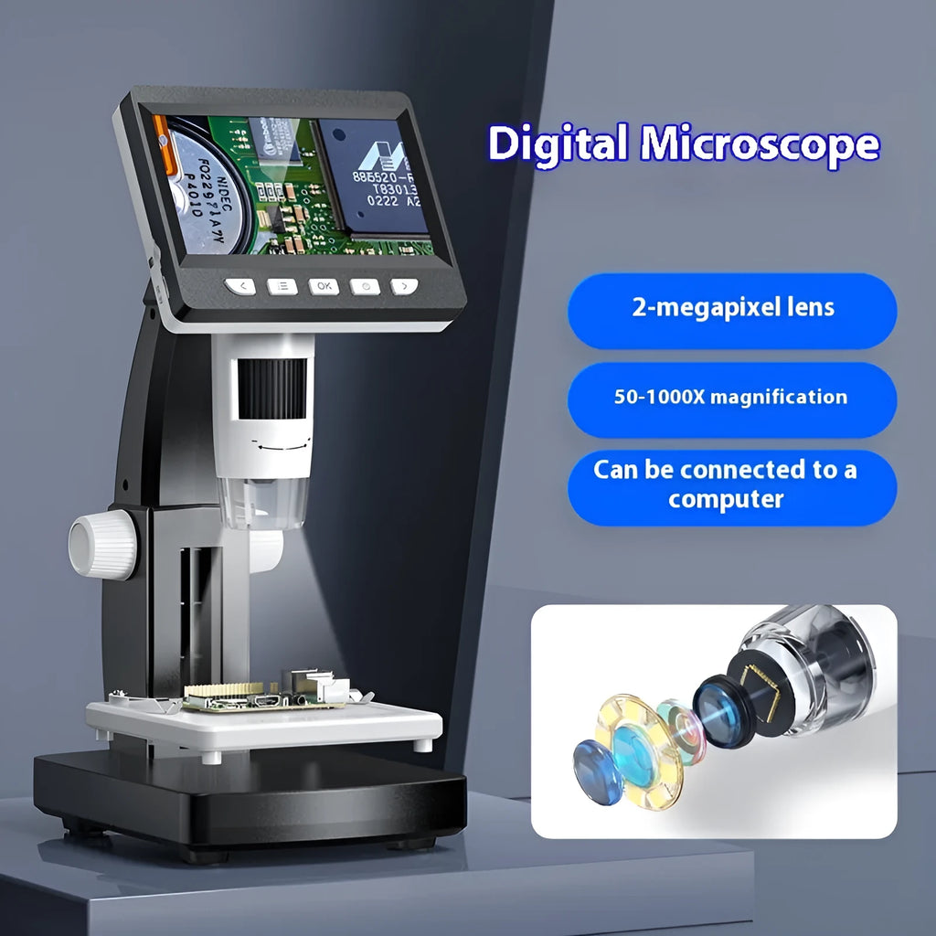 HD mobile phone repair microscope with screen showing 100x magnified view of a circuit board