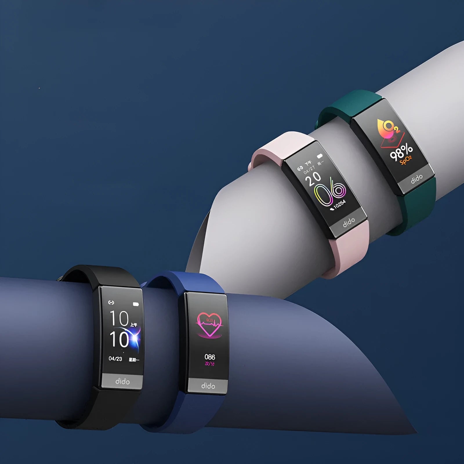 Black smart health bracelet with a 1.1-inch screen displaying heart rate and blood oxygen data on a wrist.