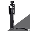 Telescopic aluminium self-timer rod with a remote trigger line, shown in blue, gold, black, rose red, green, and purple colour options.