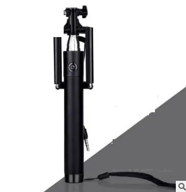 Telescopic aluminium self-timer rod with a remote trigger line, shown in blue, gold, black, rose red, green, and purple colour options.