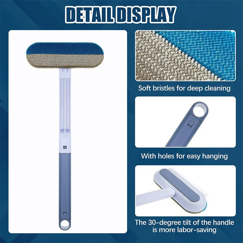Multifunctional 4-in-1 screen cleaner and pet hair remover brush with flannel head and extension handle.