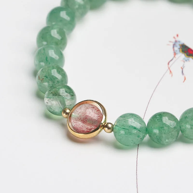 Green strawberry quartz single circle ball bracelet with 7.5mm beads and hand-woven construction
