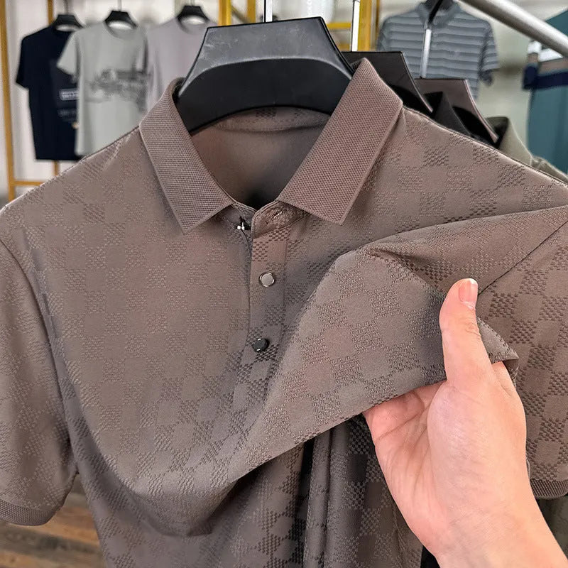 Men's thin rhombus knit short sleeve T-shirt in black, shown with a slit hem detail.