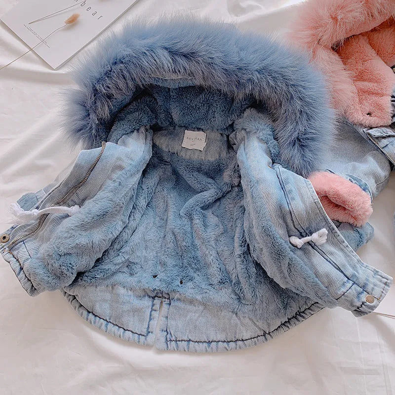 Girl's blue denim coat with hood and plus velvet thickness for Asian sizing
