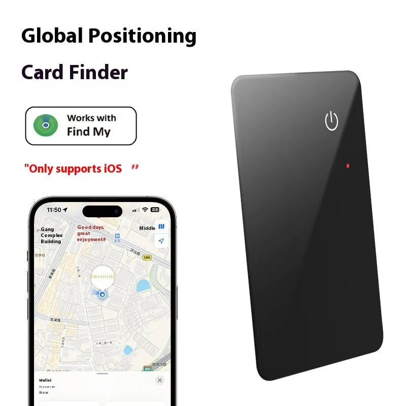 Black pet tracking card with wireless charging and NFC functionality