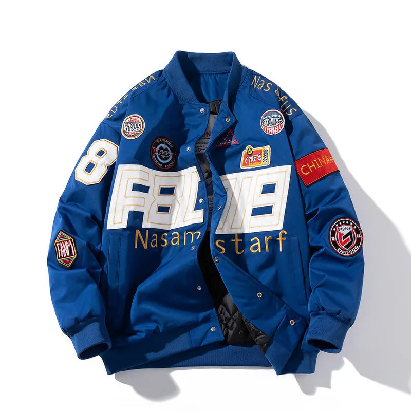 American motorcycle baseball uniform jacket with removable hood options in black red blue colours