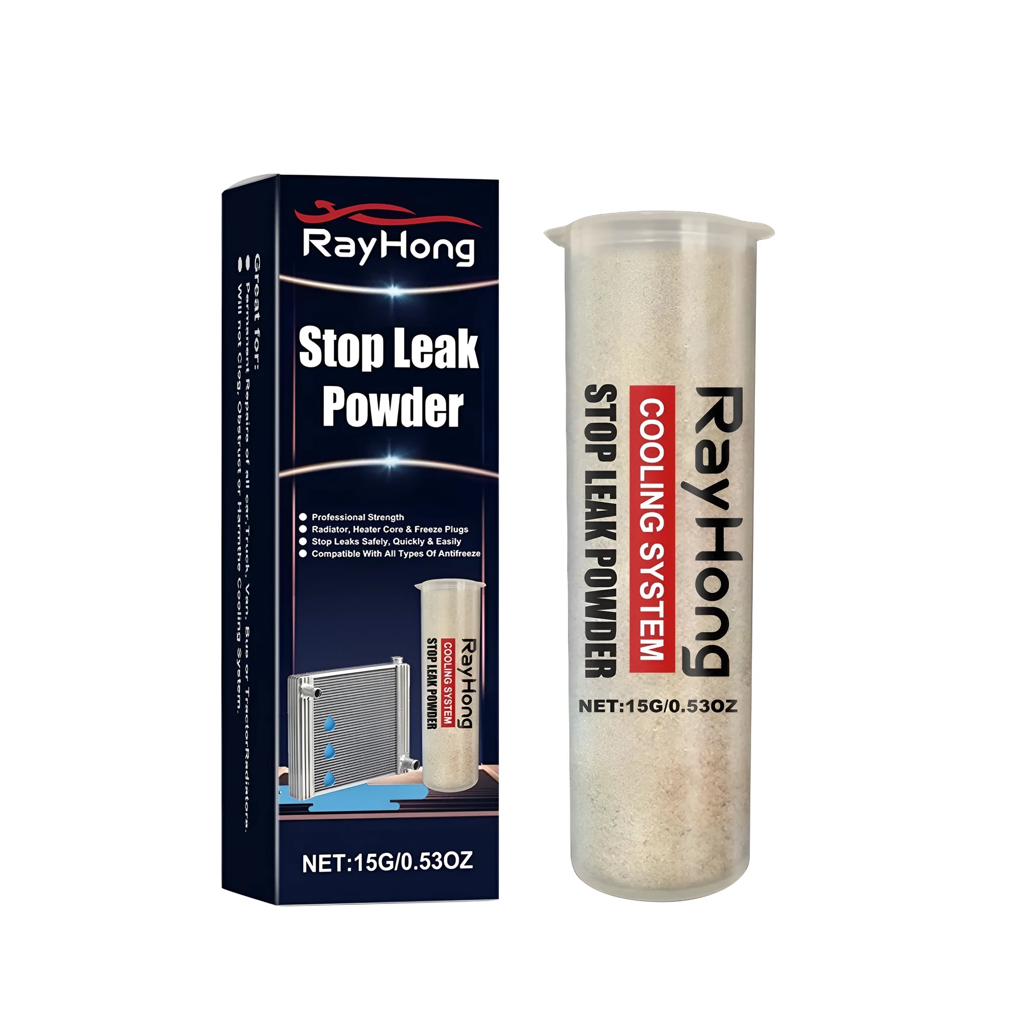 Stop leak powder tube for temporary plumbing repairs measuring 2.5cm by 8.8cm