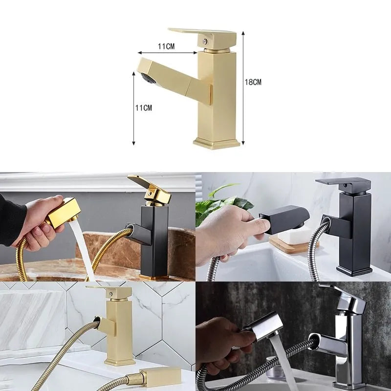 Brass pull faucet with a brushed gold finish, shown in a golden colour.