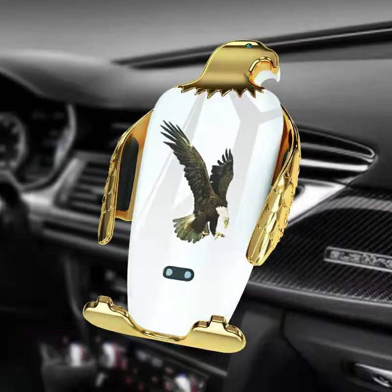 Car phone holder with wireless charging base and black and gold snap-on vent mount.