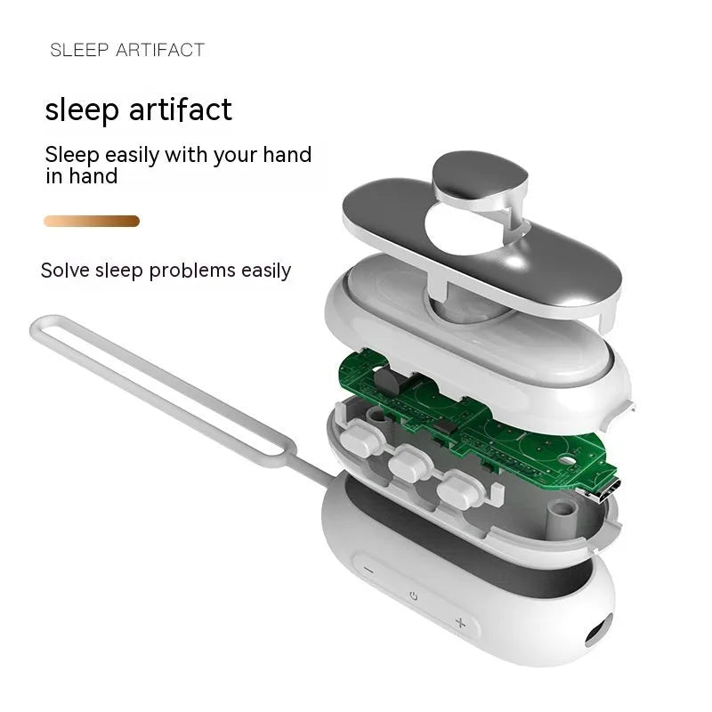 Intelligent handheld sleep aid device showing pulse decompression technology and multiple colour options