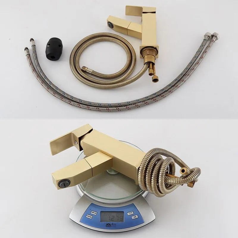 Brass pull faucet with a brushed gold finish, shown in a golden colour.