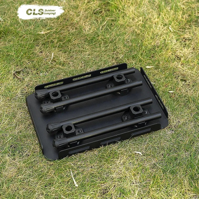 CLS aluminium dual-use folding camping stool converted into a small table next to its storage bag.