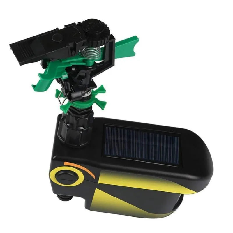 Black automatic PIR animal repellent garden sprinkler made of ABS plastic with rotating nozzle on grass